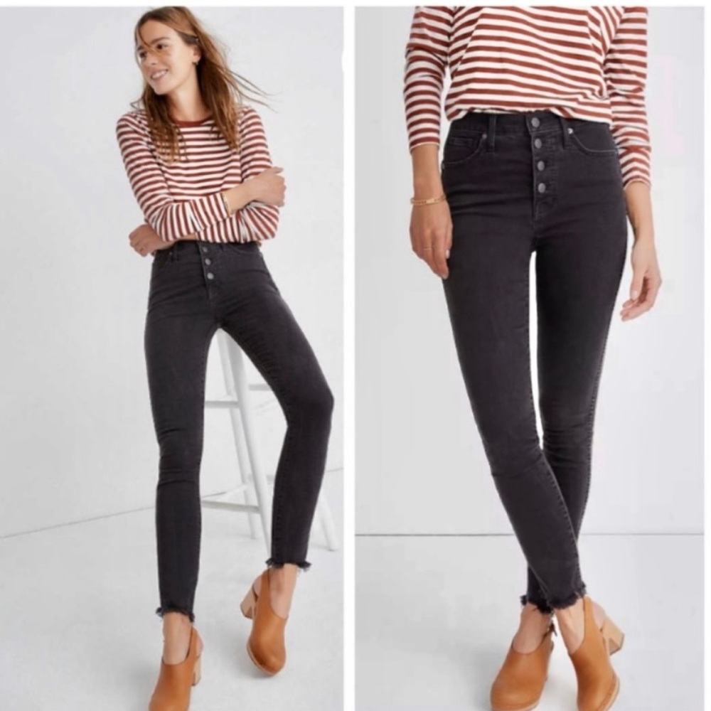 10" High-Rise Skinny Jeans in Washed Black: Button-Front Edition Size 32